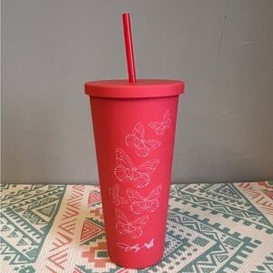 2/$15 Dolly Parton Red with Butterflies 20z Plastic tumbler